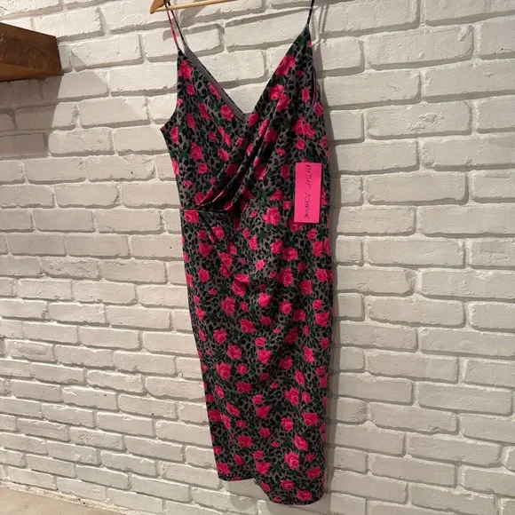 Floral Slip Dress Pink Rose Print Midi Bodycon Spaghetti Strap Y2K 90s Chic Date - Picture 5 of 12